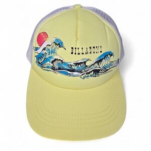 Billabong Yellow Trucker Hat with Blue Wave Graphic and Pink Sun